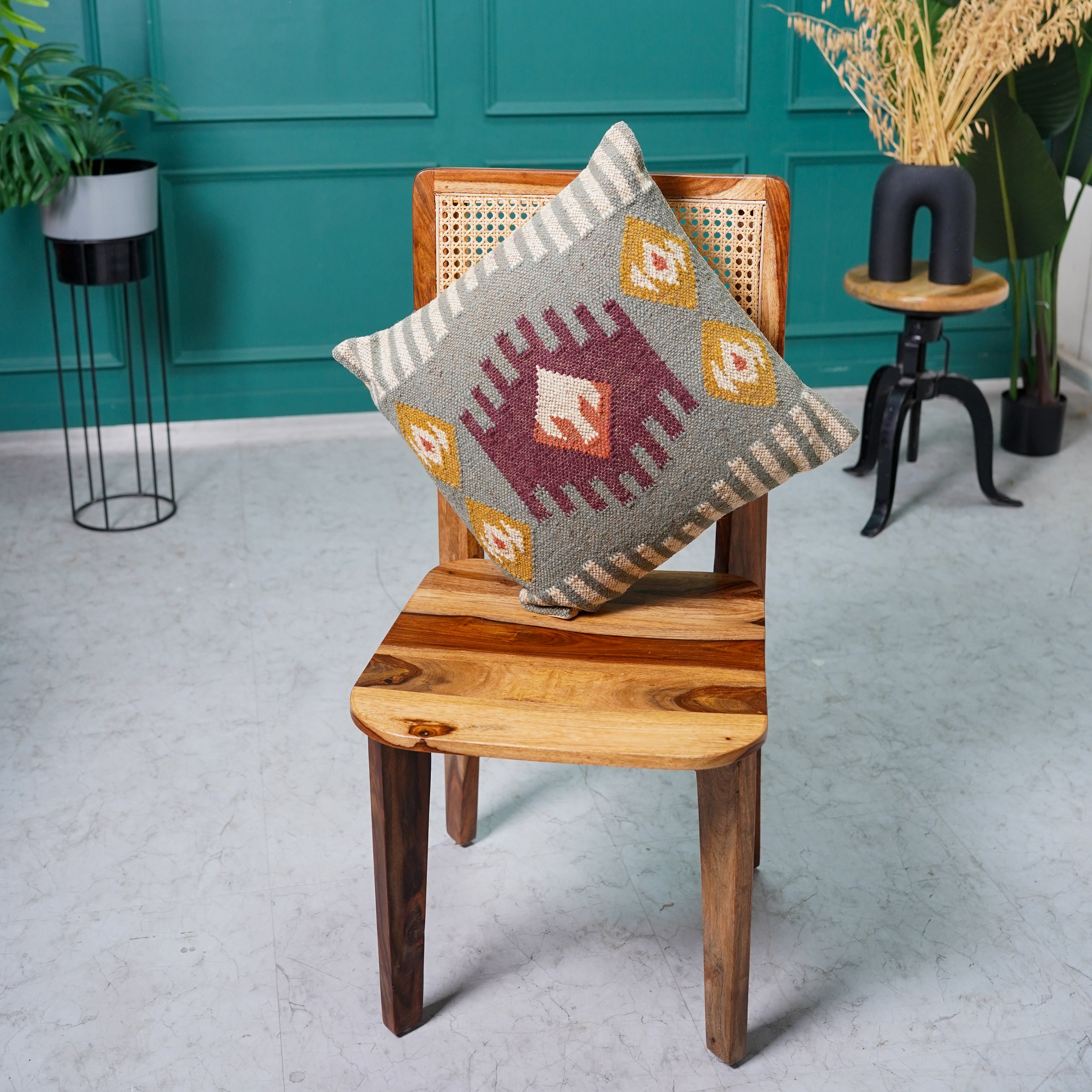 Handwoven Kilim Cushion Cover Sage Green & Burgundy Tribal Cotton Throw Pillow