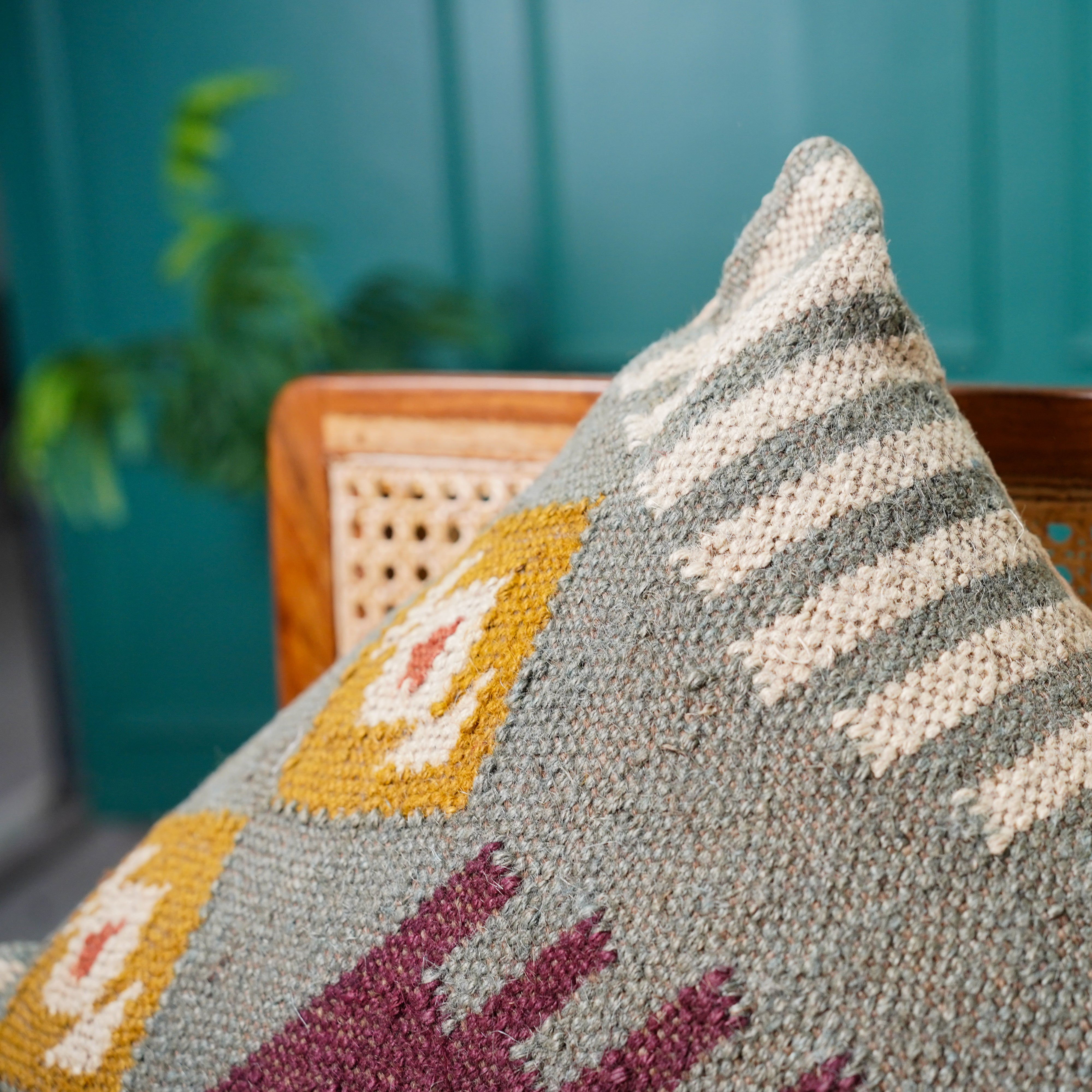 Handwoven Kilim Cushion Cover Sage Green & Burgundy Tribal Cotton Throw Pillow