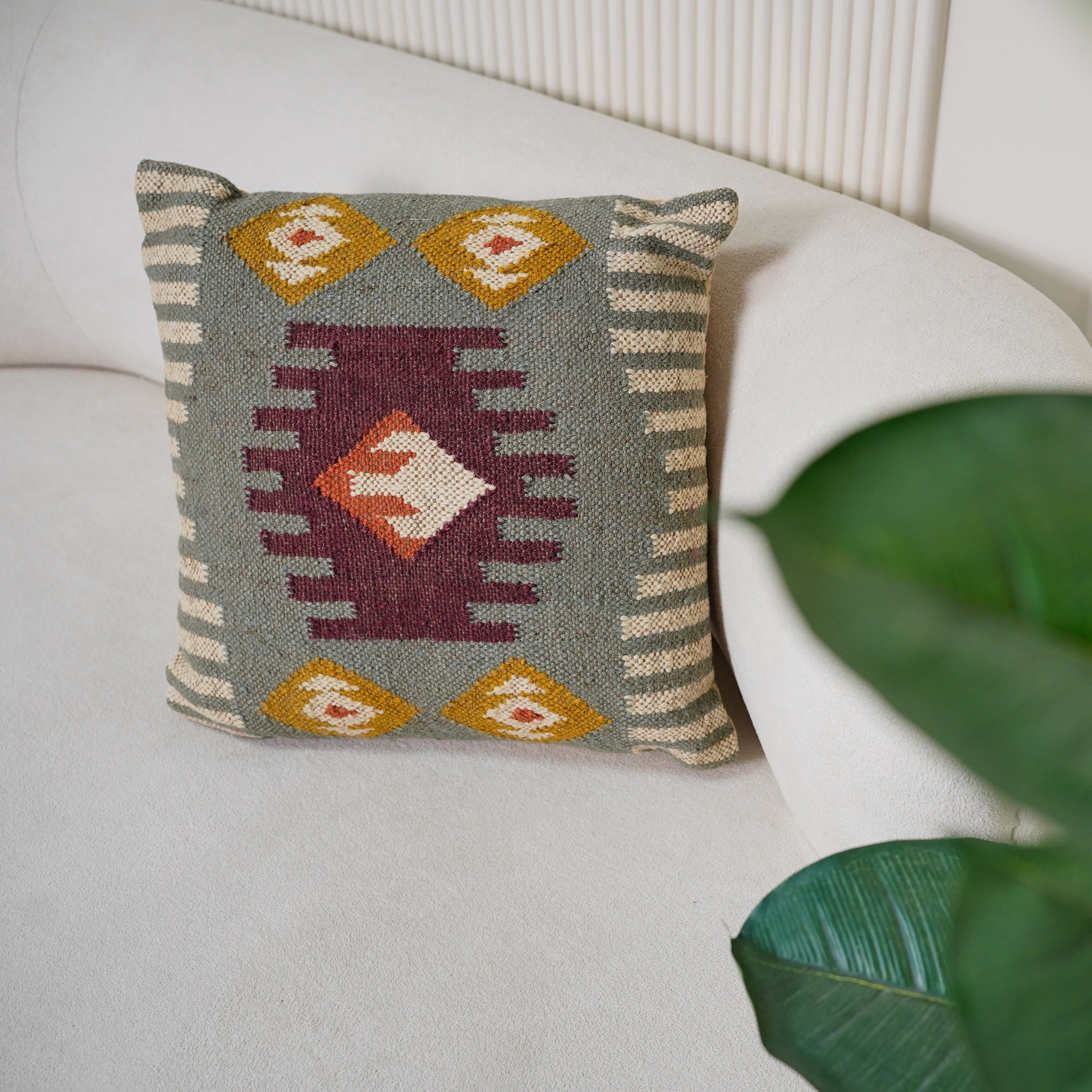 Handwoven Kilim Cushion Cover Sage Green & Burgundy Tribal Cotton Throw Pillow