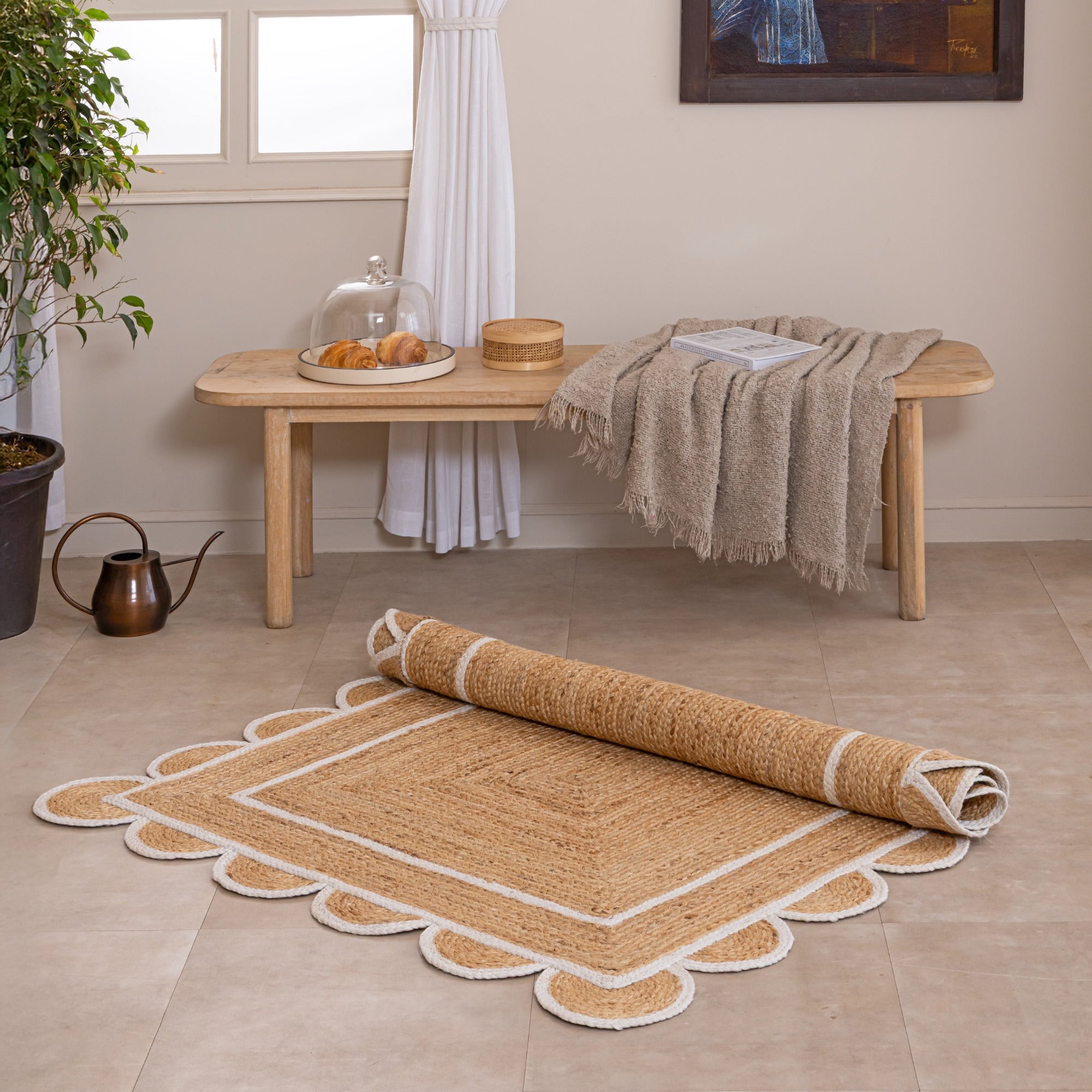 Handmade Jute Area Rug with Scalloped Border Natural Woho Woven Rug