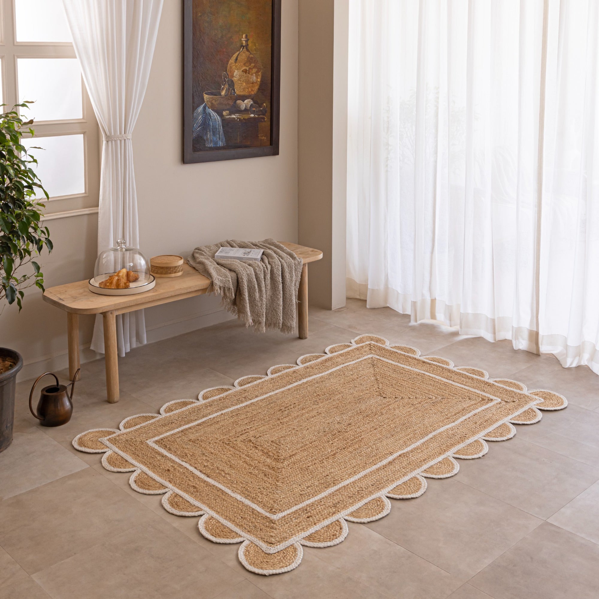 Handmade Jute Area Rug with Scalloped Border Natural Woho Woven Rug