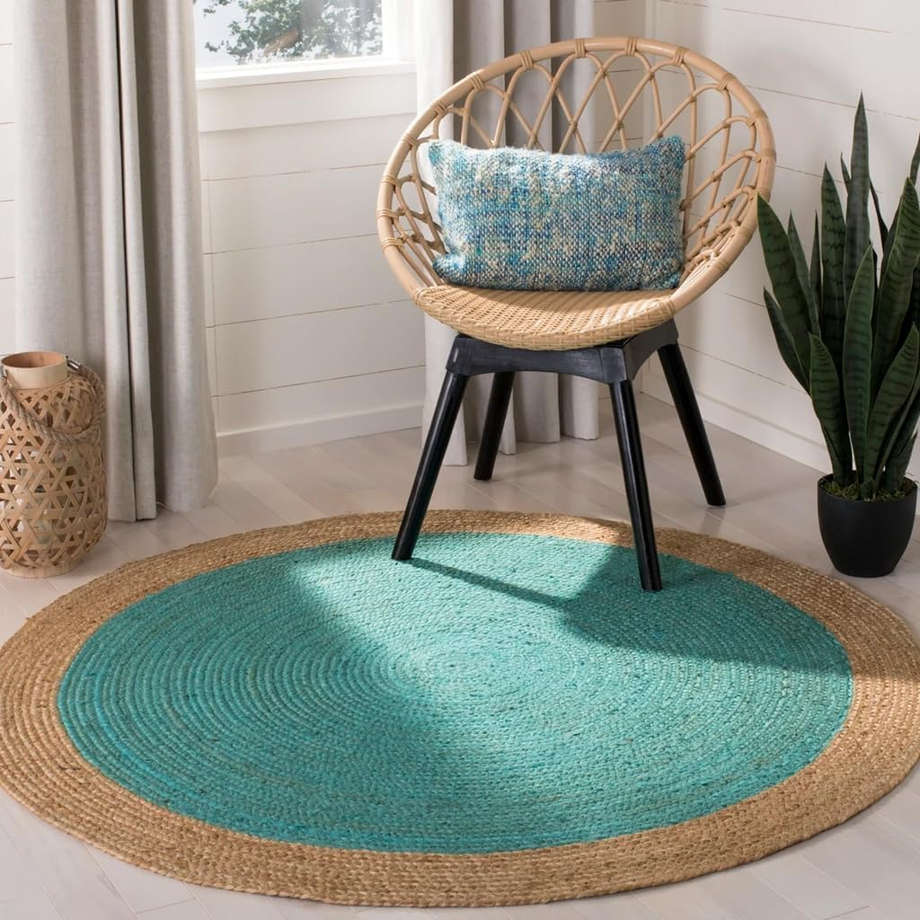Turquoise Round Braided Jute Rug - Handmade Natural Border Area Rug